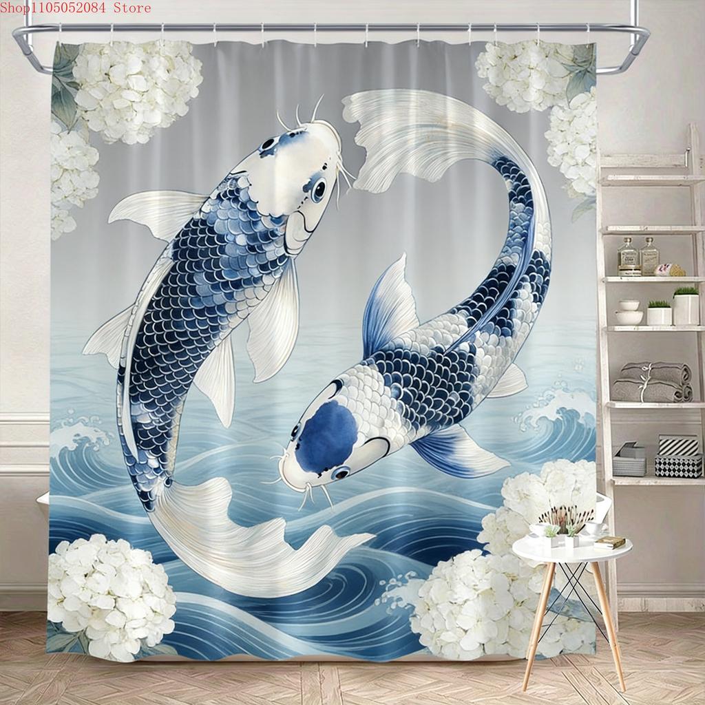 Luxury Golden Koi Fish With Cherry Blossoms Waterproof Shower Curtain For Feng Shui Bathroom Decor