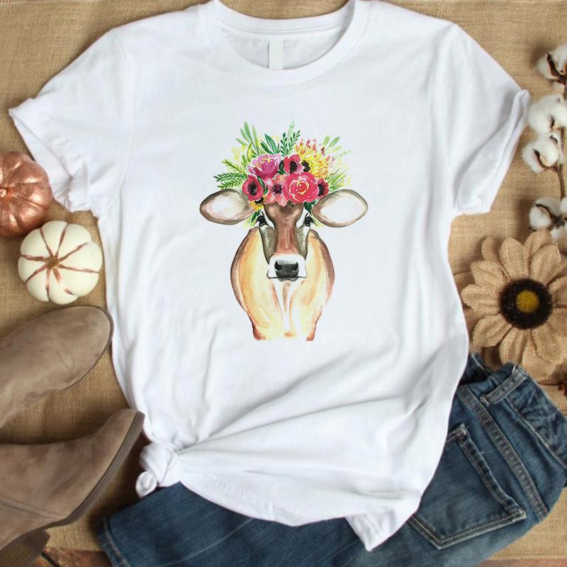 2022 Women T-shirt Floral Cow Flower Print Summer Women Graphic Tops Short Sleeve tshirt Femal tee shirt femme