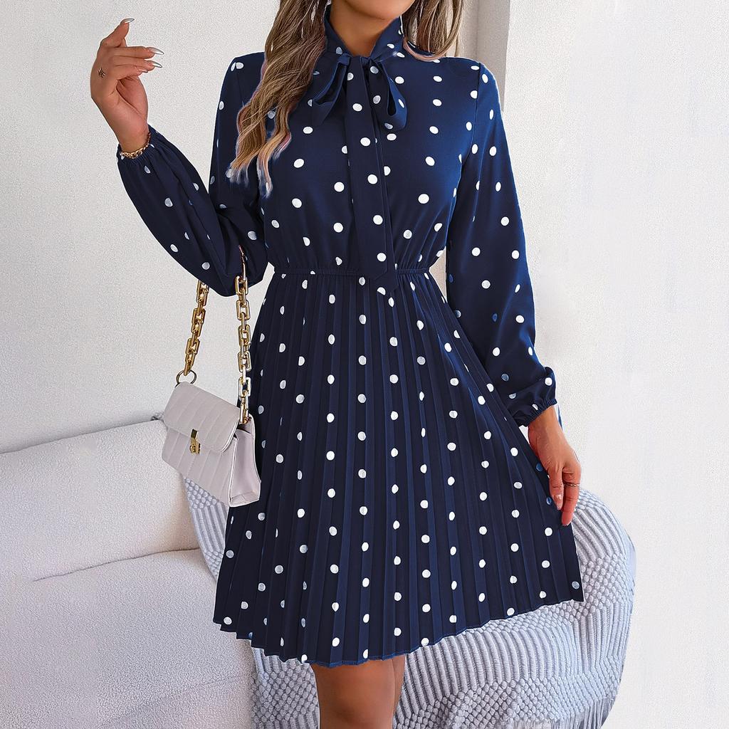 Damen Frühling und Sommer Neues Temperament Gepunktetes Schnürtaillen Langarm Plissiertes Kleid