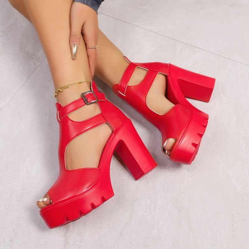 Large Size Buckle with Thick Heel Fish Mouth Sandals Women's Shoes Summer New Waterproof Table Hollow Open-toed High Heels