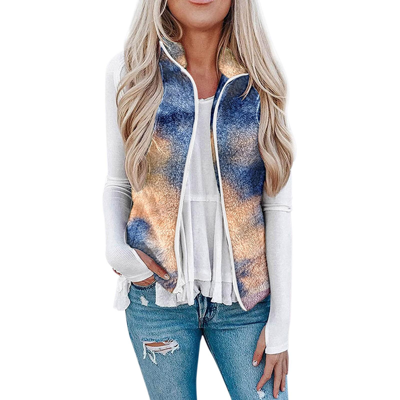

Ladies Pocket Zipper Plush Check Tie- Leopard Print Printing Vest Jacket XL синий