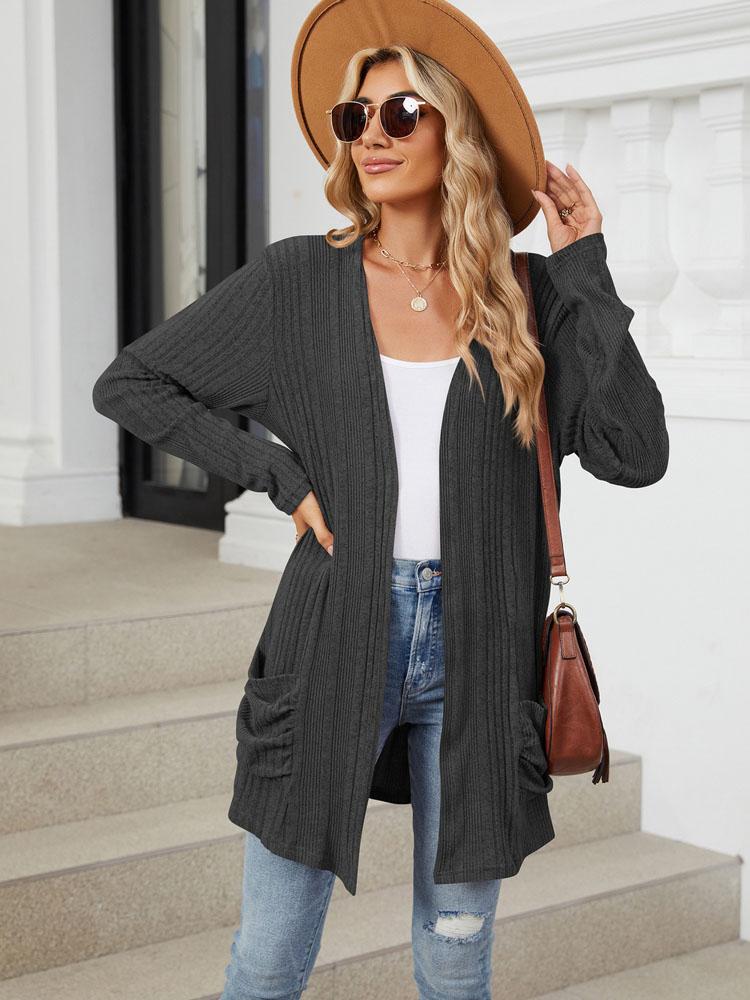 Autumn and Winter New Pit Stripes Long-sleeved Pockets Casual Solid Color Cardigan Jacket Long Cardigan Women Tops Kawaii Sweater