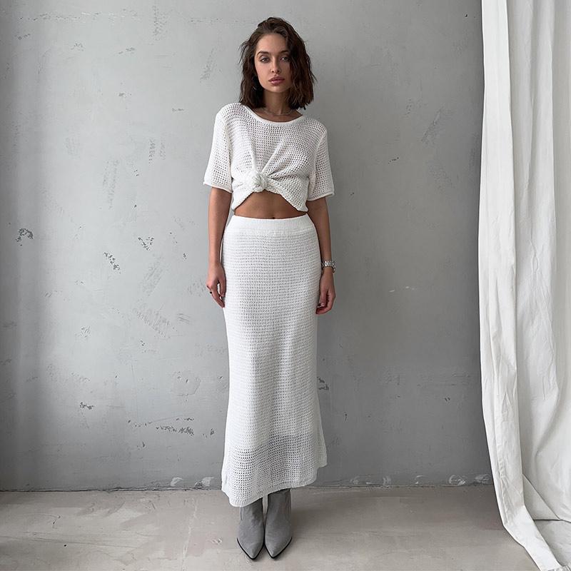 Women's Casual Suit Short Sleeved Hollowed Out Top Knitted Half Skirt Set Solid Color Versatile Summer Refreshing Wearing Temperament Elegant Dress
