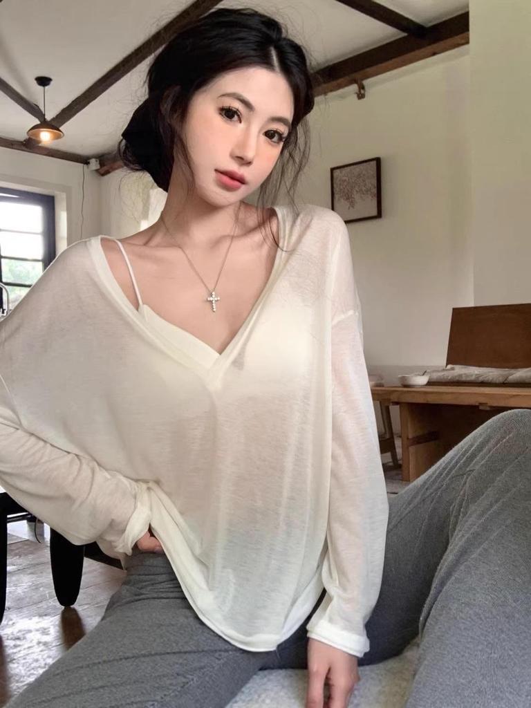 Women's Tencel Ribbed Sheer V-Neck Long-Sleeve Loose Casual Sun Protection Cover-Up Top