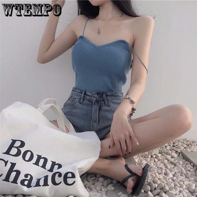 Camisola de Color Sólido con Cuello en V Chaleco de Punto Halter Ajustado Sin Mangas Tops de Tirantes Verano para Mujer Estilo Simple Natural