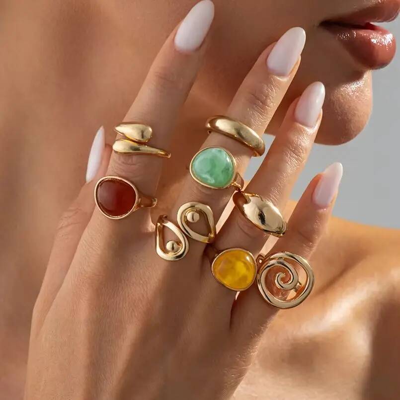 Salircon 8Pcs/Set Boho Colorful Acrylic Resin Rings for Women Exquisite Irregular Stackable Adjustable Opening Ring Jewelry Gift