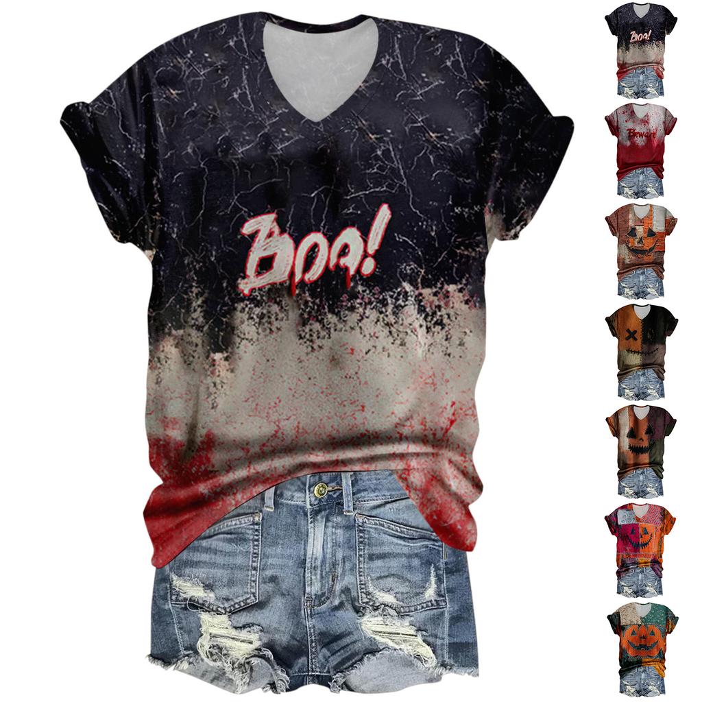 Women's Fashion Casual Three-quarter Sleeve Halloween Letters,  Face Print Top
