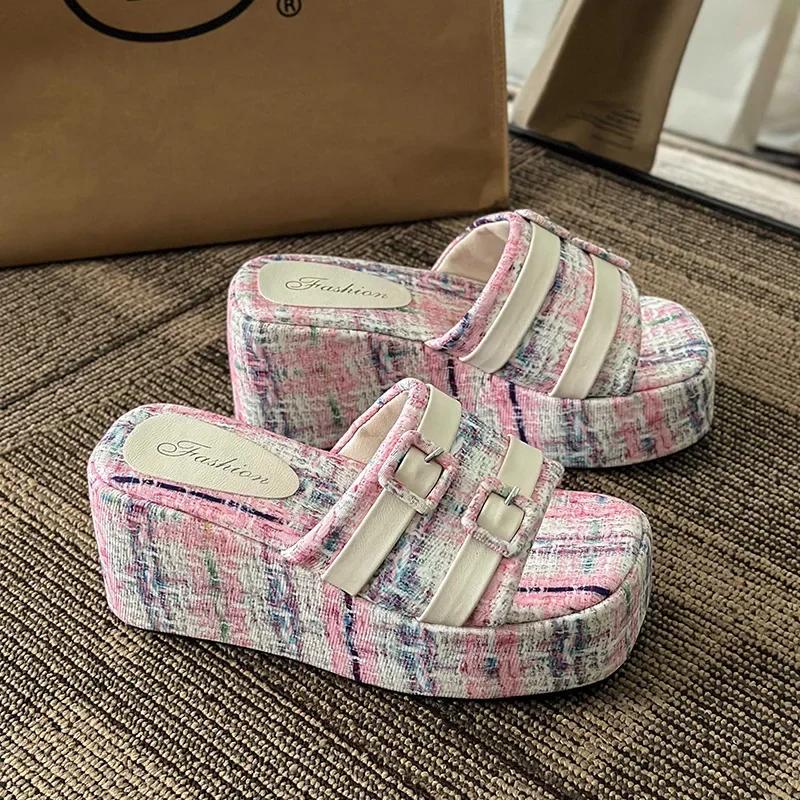 Square Head Platform Slippers Belt Buckles Corduroy Open-toe Women Sandals Summer New Designer Shoes Fashion Wedge Sandals