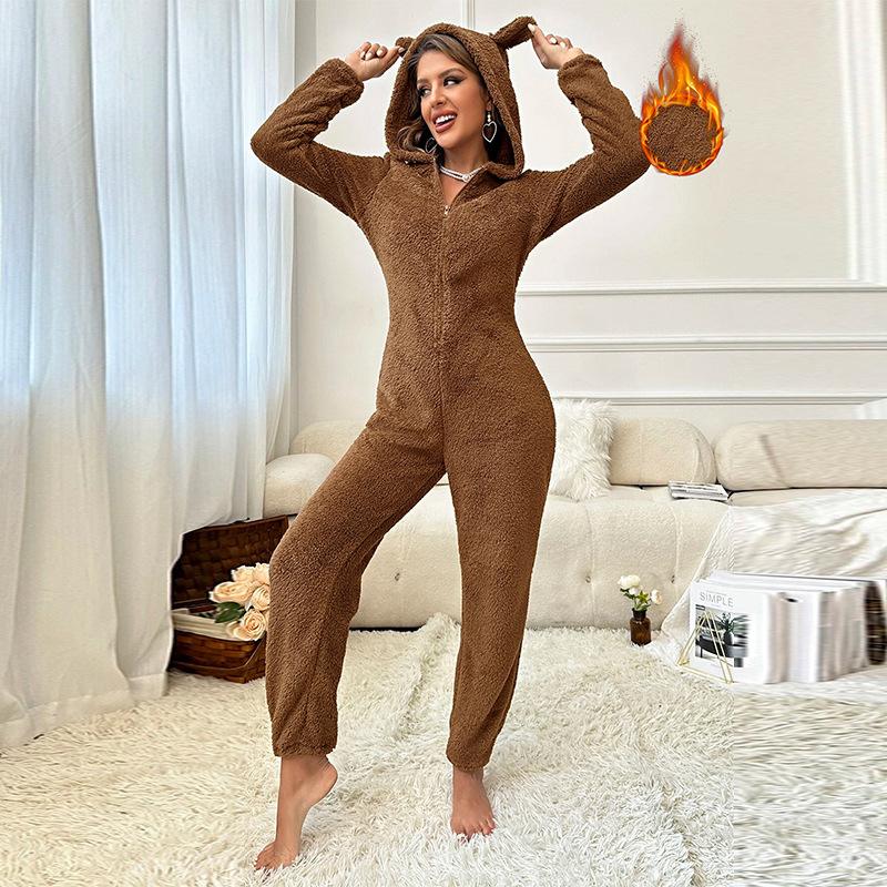 Autumn Winter thicken Velvet Women hooded Onesies casual solid Flannel Warm Woman Sleepwear Fashion Jumpsuit pajamas Home Cloth