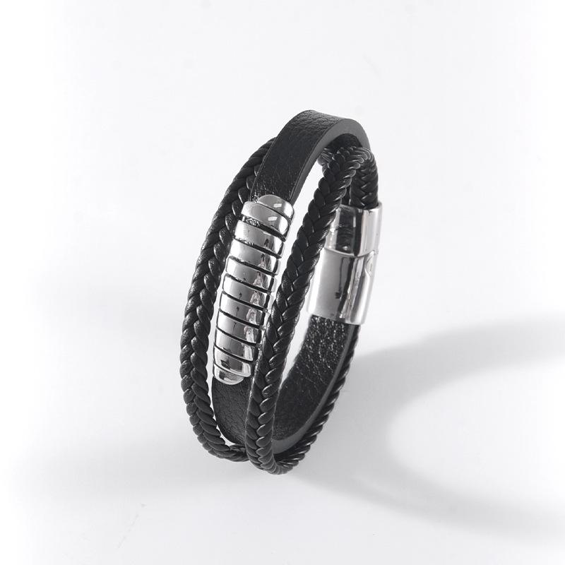 

Новый мужской универсальный браслет из нержавеющей стали, многослойный плетеный кожаный браслет с магнитной застежкой 9in