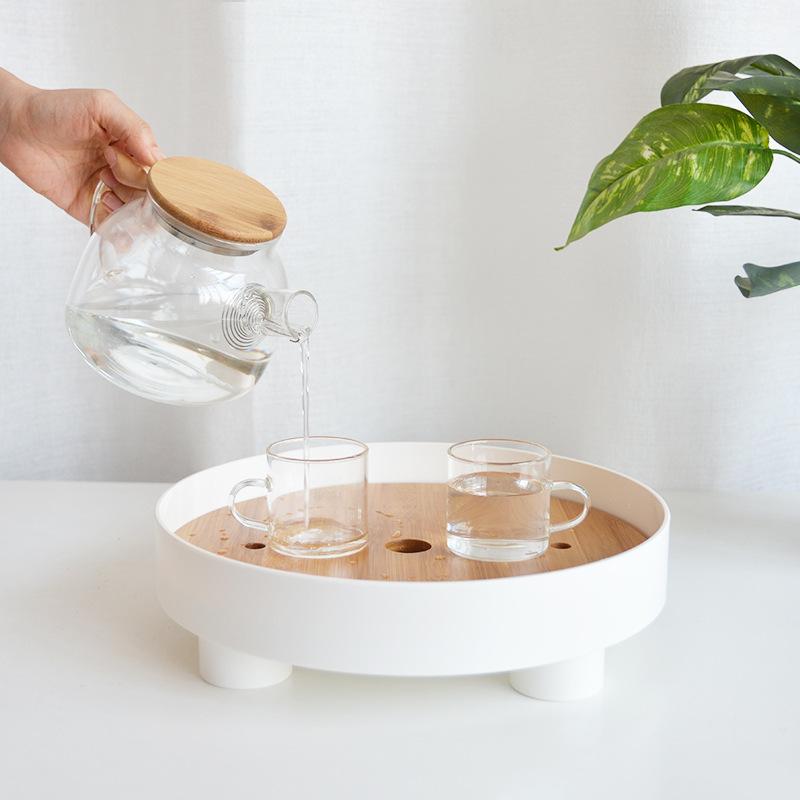 Japanese Style Simple Round Tea Basin Household Small Tea Tray Plastic Bamboo Drain Table Living Room Tray