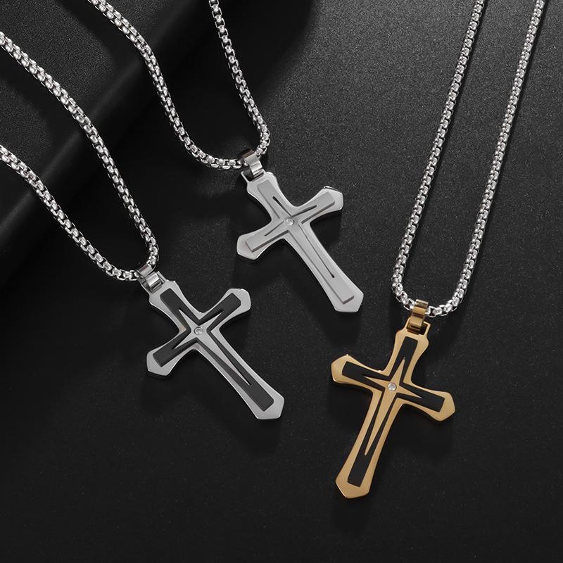 New Style Stainless Steel Two Color Cross Inlaid Zircon Pendant Necklace for Men and Women
