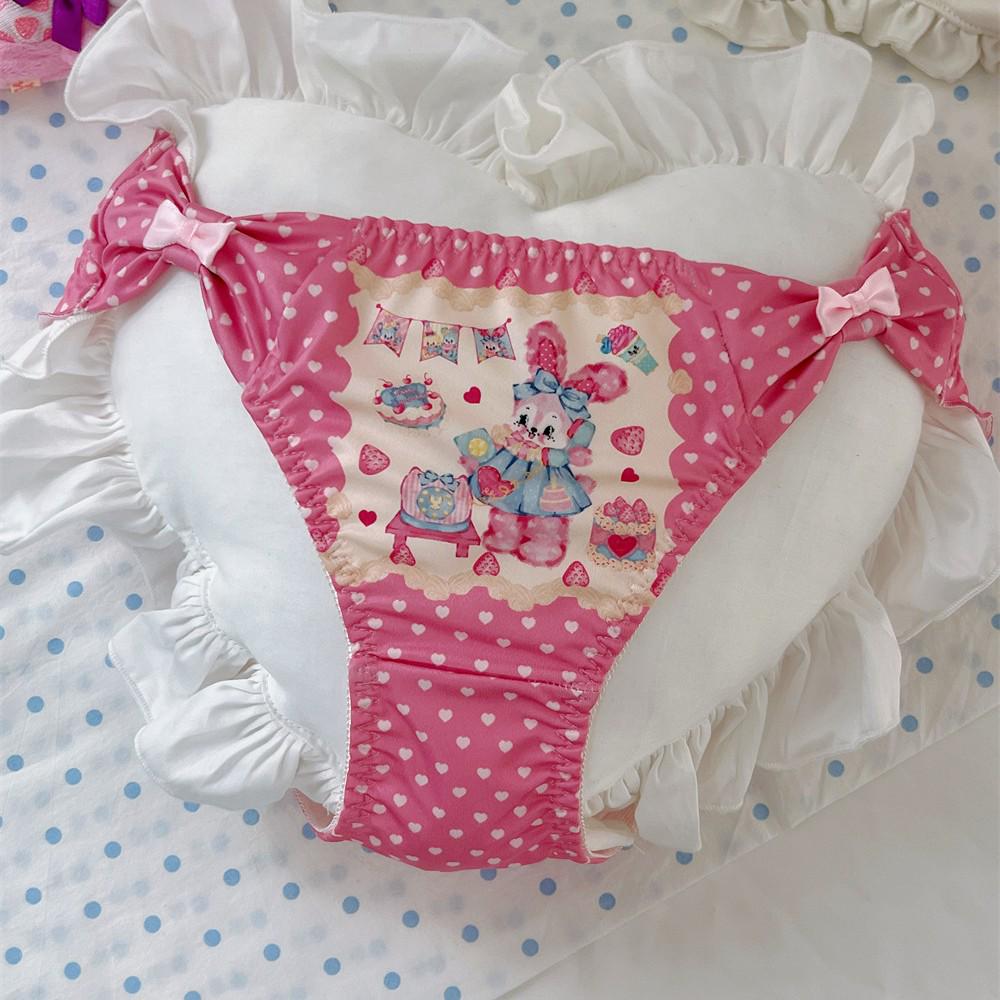 Cute Rabbit Print Bow Milk Silk Triangle Panties – Comfortable Hip-Wrap Student Style
