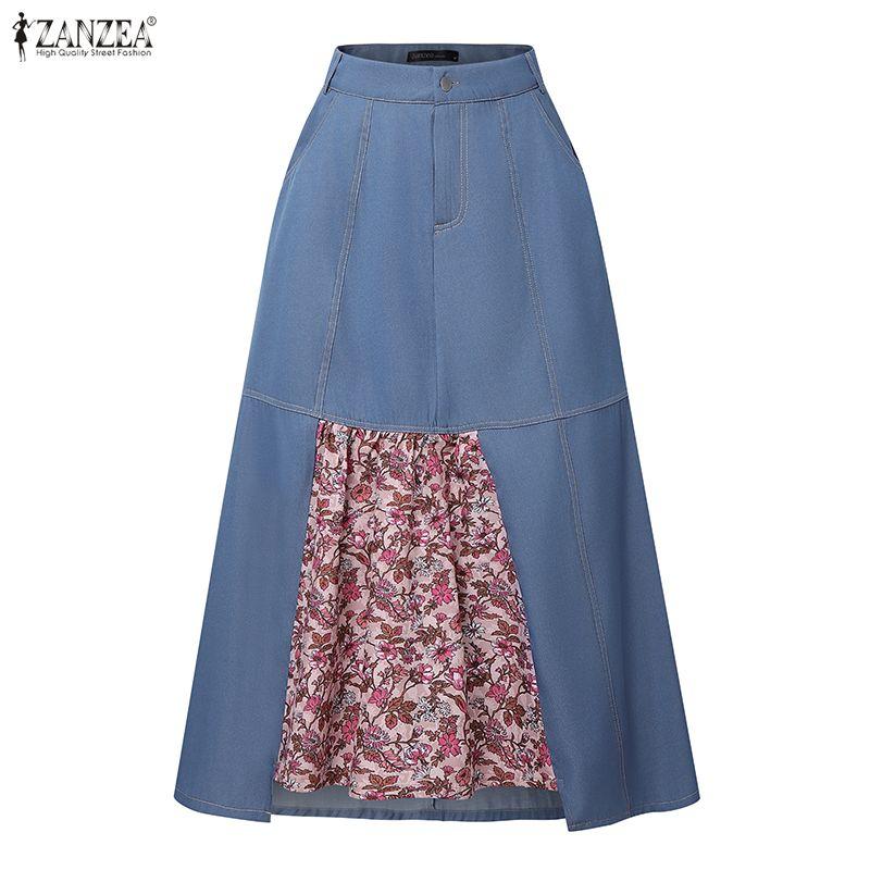ZANZEA Women Print Patchwork Loose Casual A-line Long Skirts
