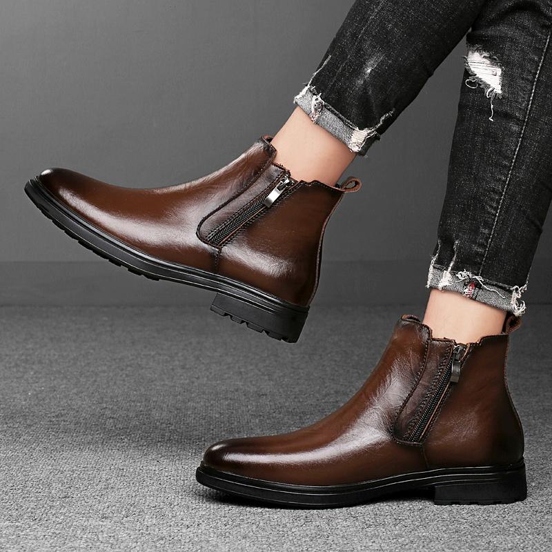 New Side Zipper Basic Boots Genuine Leather Mens Sneakers Handmade Male High Top Walking Shoes All-match Male Motocross Boots