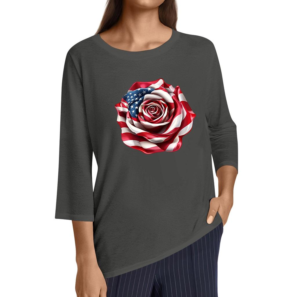 Women's Fashion Casual Round Neck 3/4 Sleeve Loose Independence Day Printed T-Shirt Ladies Top