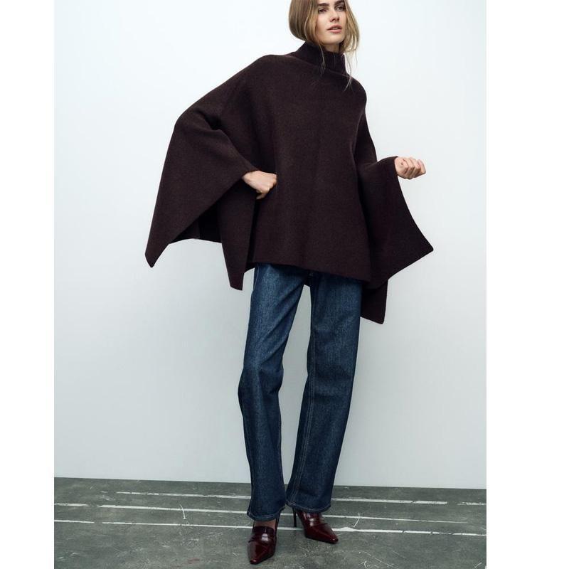 Fall and Winter New Women's Minimalist Retro Blended Fabric Asymmetric Stand Collar Knitting Cape Coat 3739027