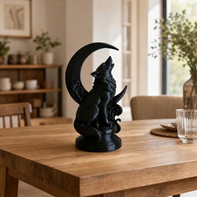 3D Printed Howling Wolf Sculpture with Crescent Moon Base, Matte Black Finish Collector Art, Gothic Black Statue for Bookshelf Desk