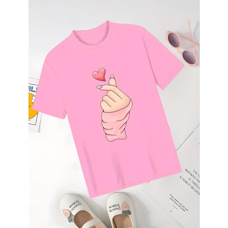 European sizes Girls' Casual Short Sleeve T-Shirt - Black with Pink Heart Hands Print, Soft Stretch Round Neck Top for Spring/Summer Play