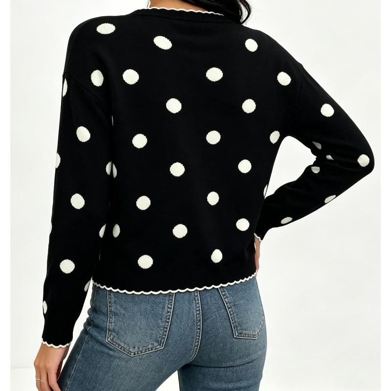 Gepunkteter Strickcardigan Damen Frühling und Herbst Rundhalsausschnitt mit Schwarzpilz-Rand Langarm Pullover Jacke Oberteil