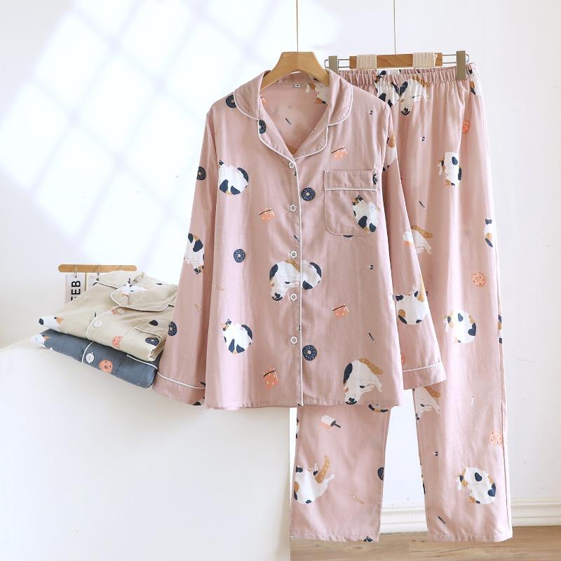 Conjunto de Pijama Nuevo para Pareja Primavera y Otoño 100% Algodón Doble Capa Gasa Manga Larga Pantalones Ropa de Casa para Mujer