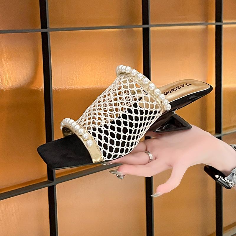 Fashion Mesh Fashion Slippers Women's Pearl Decoration Elegant Square Toe Women's Shoes 2025 Summer New High Heels Dress Pump Sandals