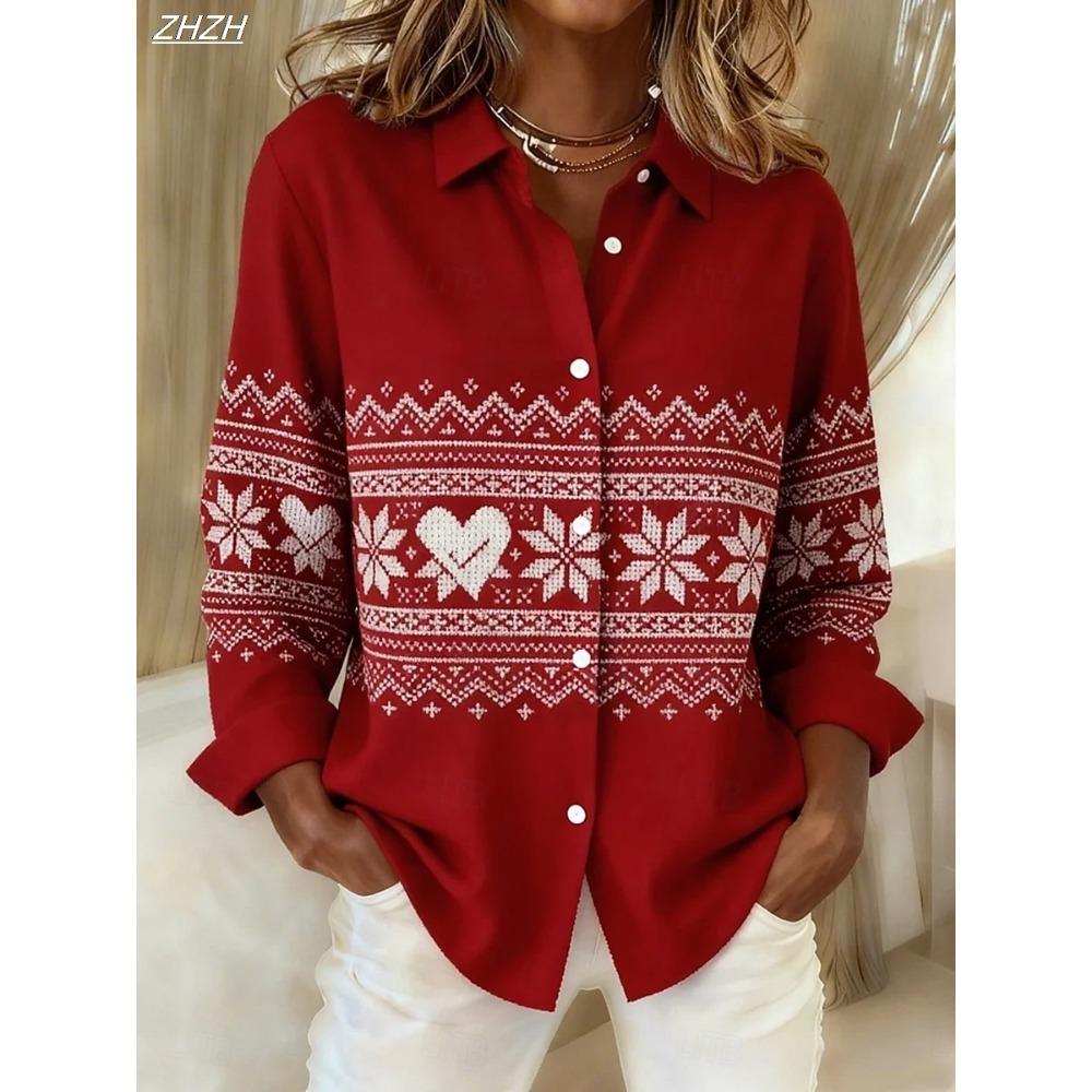 Christmas Women's Shirt Blouse Graphic Plaid Polka Dot Vintage Stylish Long Sleeve Shirt Collar Regular Tops Fall Winter