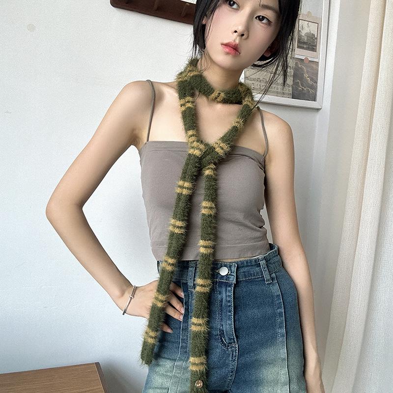 Luochi Fluffy Soft Y2K Striped Knit Scarf - Versatile Neck Warmer for Women