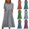 Summer Casual Printed Midi Dress Women Loose Short Sleeve Round Neck Pleated Basic Classic Daily Outdoor Dresses