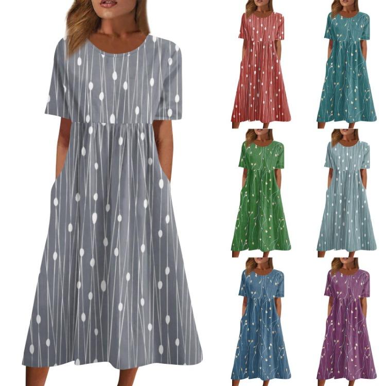 Summer Casual Printed Midi Dress Women Loose Short Sleeve Round Neck Pleated Basic Classic Daily Outdoor Dresses