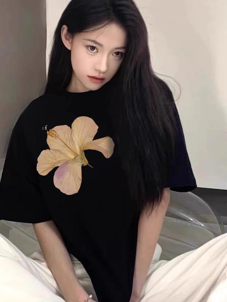 Women's 300 Jin Black Short-Sleeve Retro Oversized T-Shirt, Loose Fit, Trendy National Tide, 2025 Summer Collection.