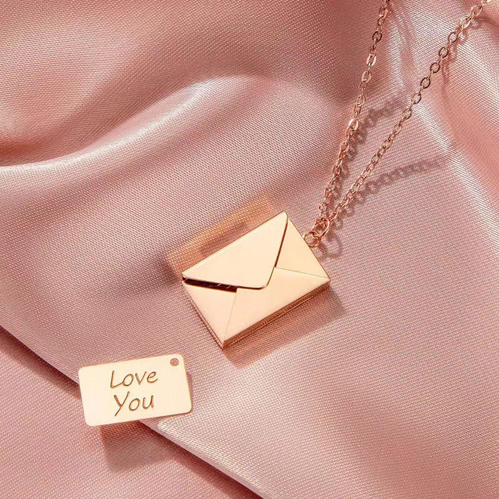 Minimalist Titanium Steel Envelope Necklace - Engraved Love Letter Pendant for Couples, Creative Design