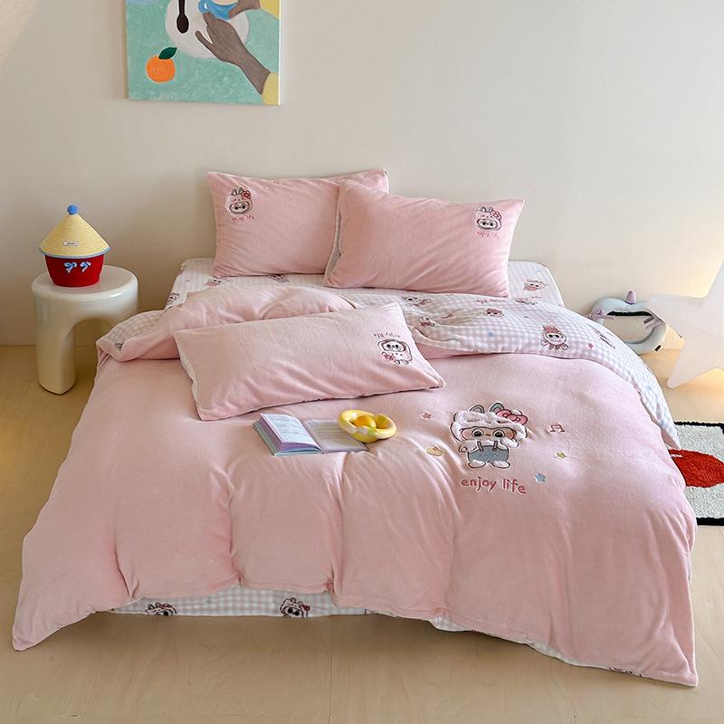 Cartoon Sticker Embroidered Thickened Milk Fleece Four-Piece Set Coral Fleece Thermal Bed Sheet Quilt Cover Student Bedding