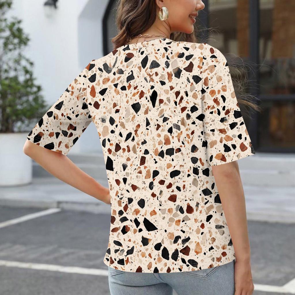 Women's Fashionable Casual Short-sleeved Five-quarter Sleeve Floral Print V-neck Top