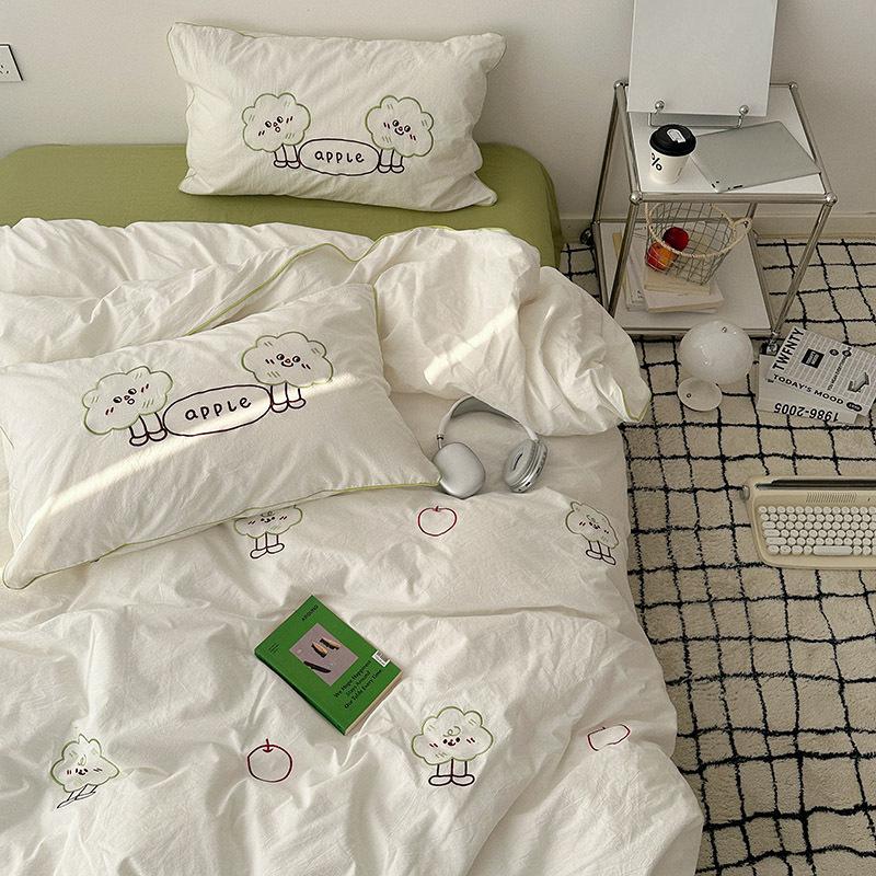 Girl Heart Simple Four-piece Set Soft Washed Cotton Cute Embroidery Heavy Industry Bed Sheet Quilt Cover Dormitory Three-piece Set