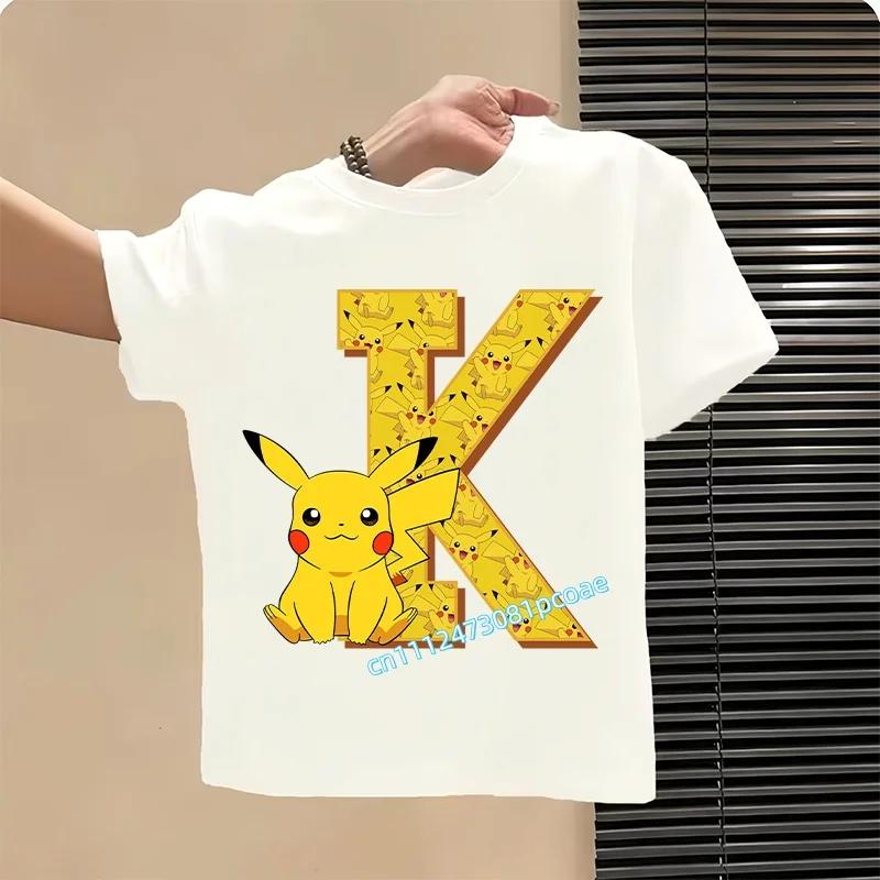 Short Sleeve Summer T-shirt Tops Cotton Tee for Pokemon Pikachu Anime A-Z Letters Printed Cute Clothing Children Casual Clothes