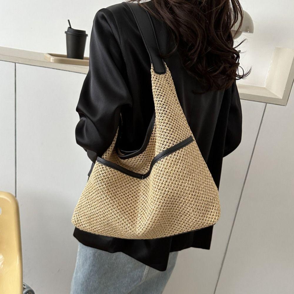 Large Capacity Straw Shoulder Bag Khaki Underarm Tote Bag Fashion Woven Handbag  Summer