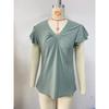 Summer Women's Solid Color V-neck Loose Short Sleeve T-shirt Double Layer Sleeve Casual Top for Europe USA Cross-border
