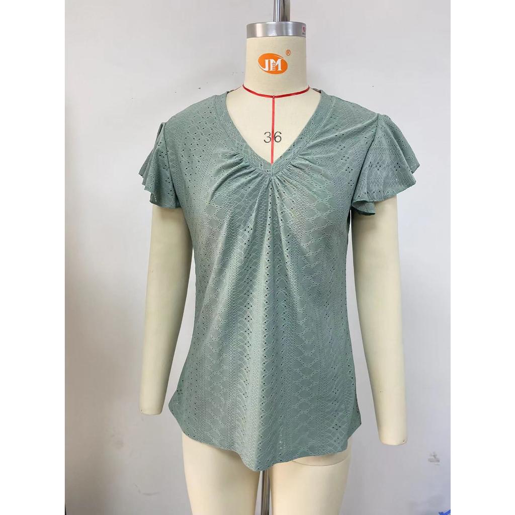 Summer Women's Solid Color V-neck Loose Short Sleeve T-shirt Double Layer Sleeve Casual Top for Europe USA Cross-border