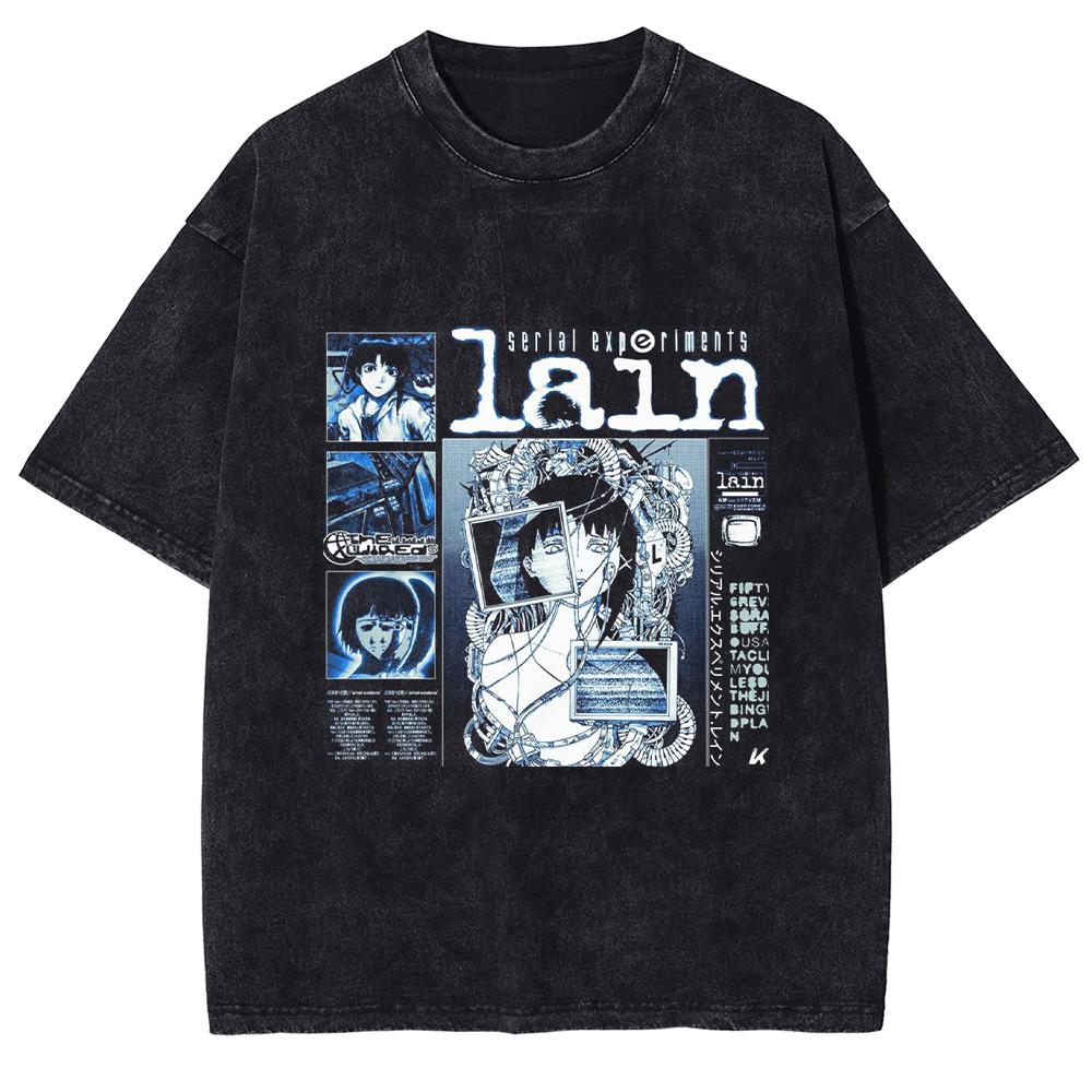 Japanese Manga Lain Print Tshirt For Men Women Clothing Harajuku Washed Oversized T Shirt Summer Cotton Short Sleeve Tee Tops