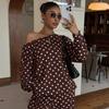 Herbst Polka Dot Print Off-Shoulder Langarm Top & Hose Set, Lässiges Lockeres Outfit für Damen, Europäische Amerikanische Mode