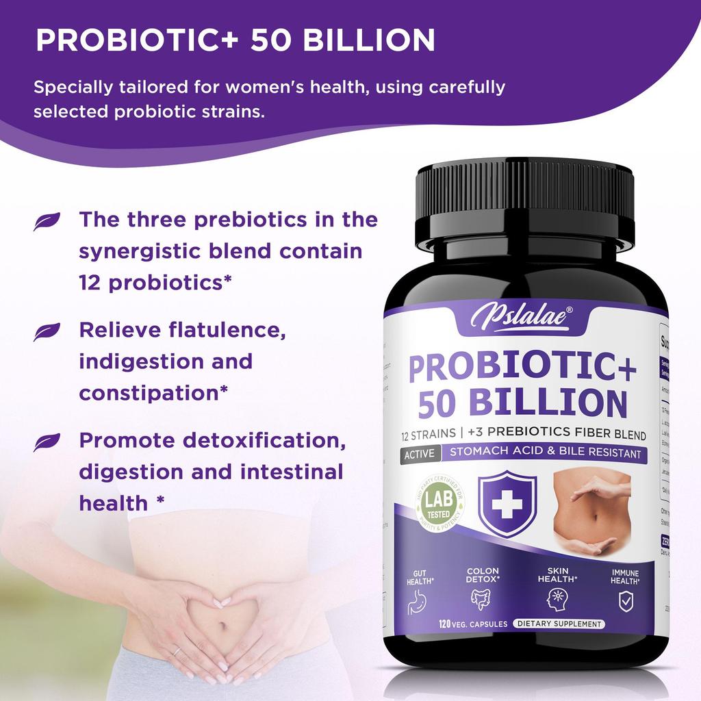 Probiotic 50 Billion CFU Enzyme Supplement, Capsule, 12 Strains with 3 Prebiotics, Digestive Health Support