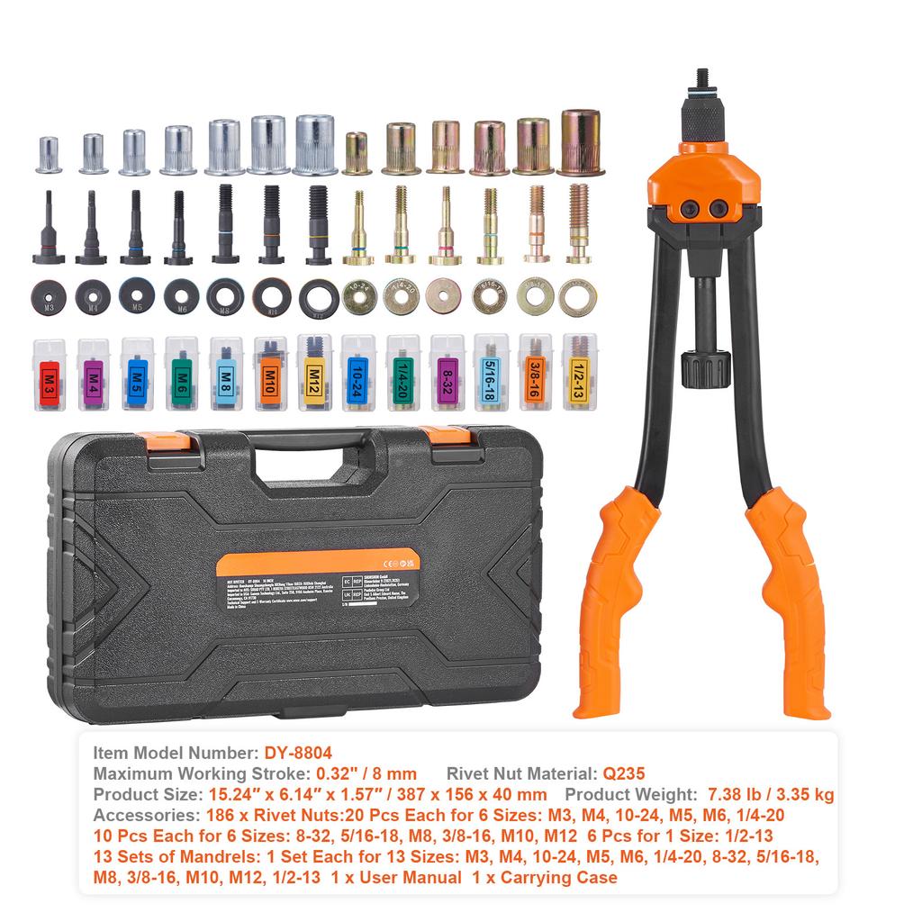 SucceBuy Rivet Nut Tool Rivnut Tool Kit Metric and SAE Mandrels 70PCS/186PCS Rivet Nuts With Rugged Carrying Case