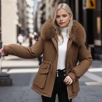 Chaqueta de algodón para mujer en invierno con capucha peluda, felpa engrosada, mangas largas, cintura elástica