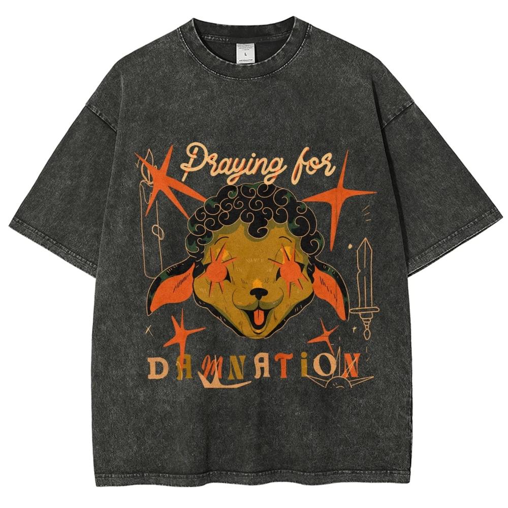 

Cool Devil Sheep T Shirts Unisex Washed Tees Men Women Oversized Short Sleeve T-shirt Cotton Streetwear Graphic T Shirt S
