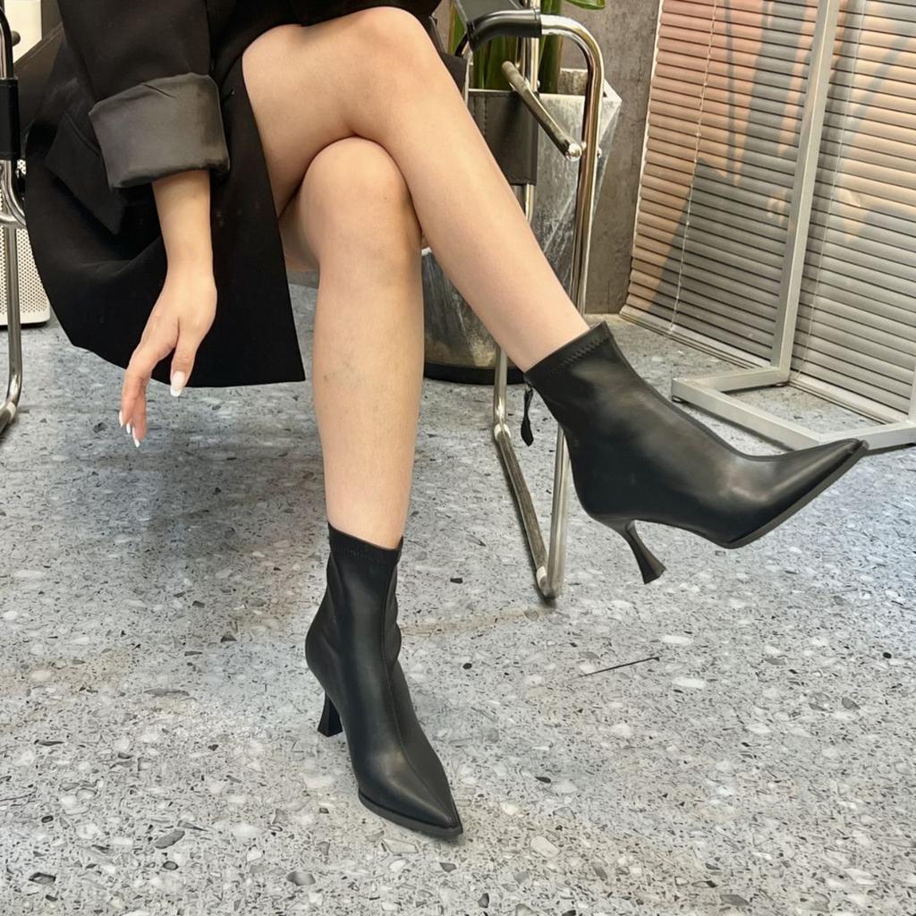 Black High-heeled Short Boots Women's Pointed Thin Boots New Thin Heels and Bare Boots Socks Boots Temperament Spring and Autumn Single Boots