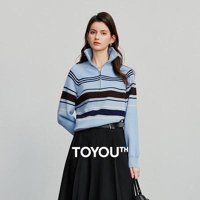 Chuyu Damen Gestreiftes Strickoberteil mit halbem Reißverschluss