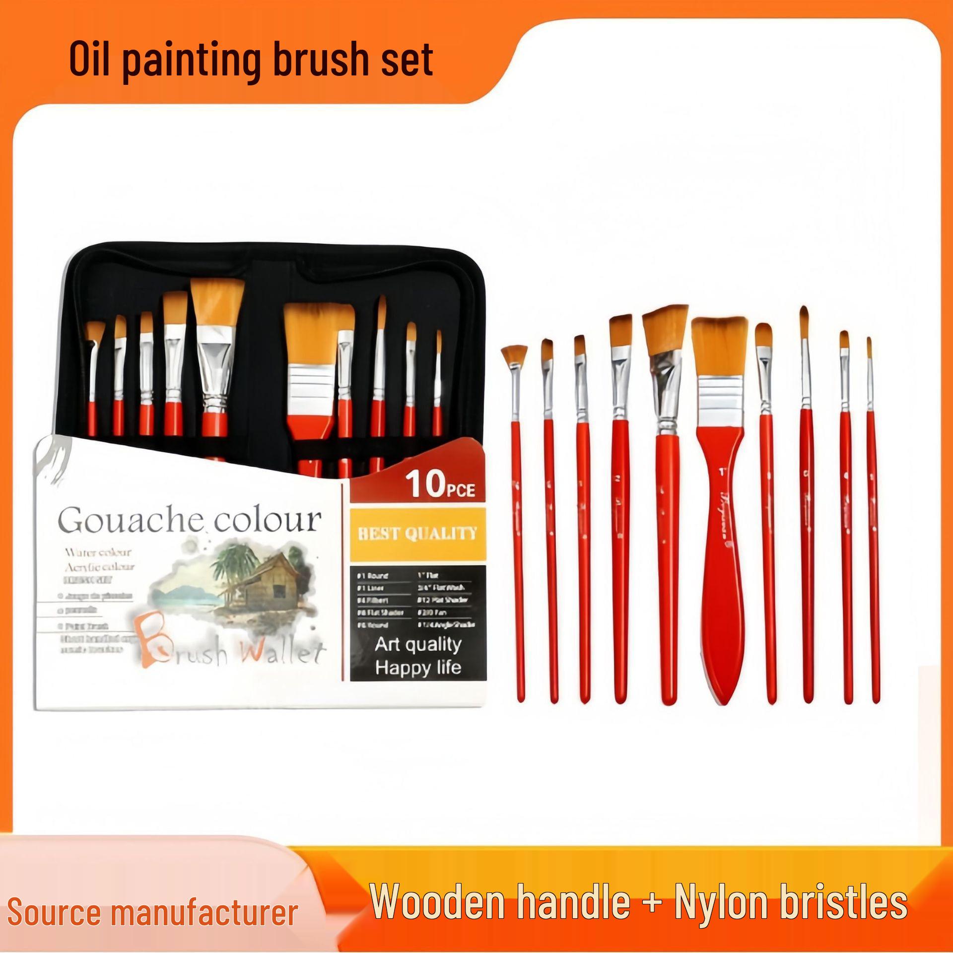 10-Piece Long Handle Wooden Art Brush Set with Cloth Bag for Oil, Watercolor, Gouache, and Acrylic Painting 10-piece brush set серебряный