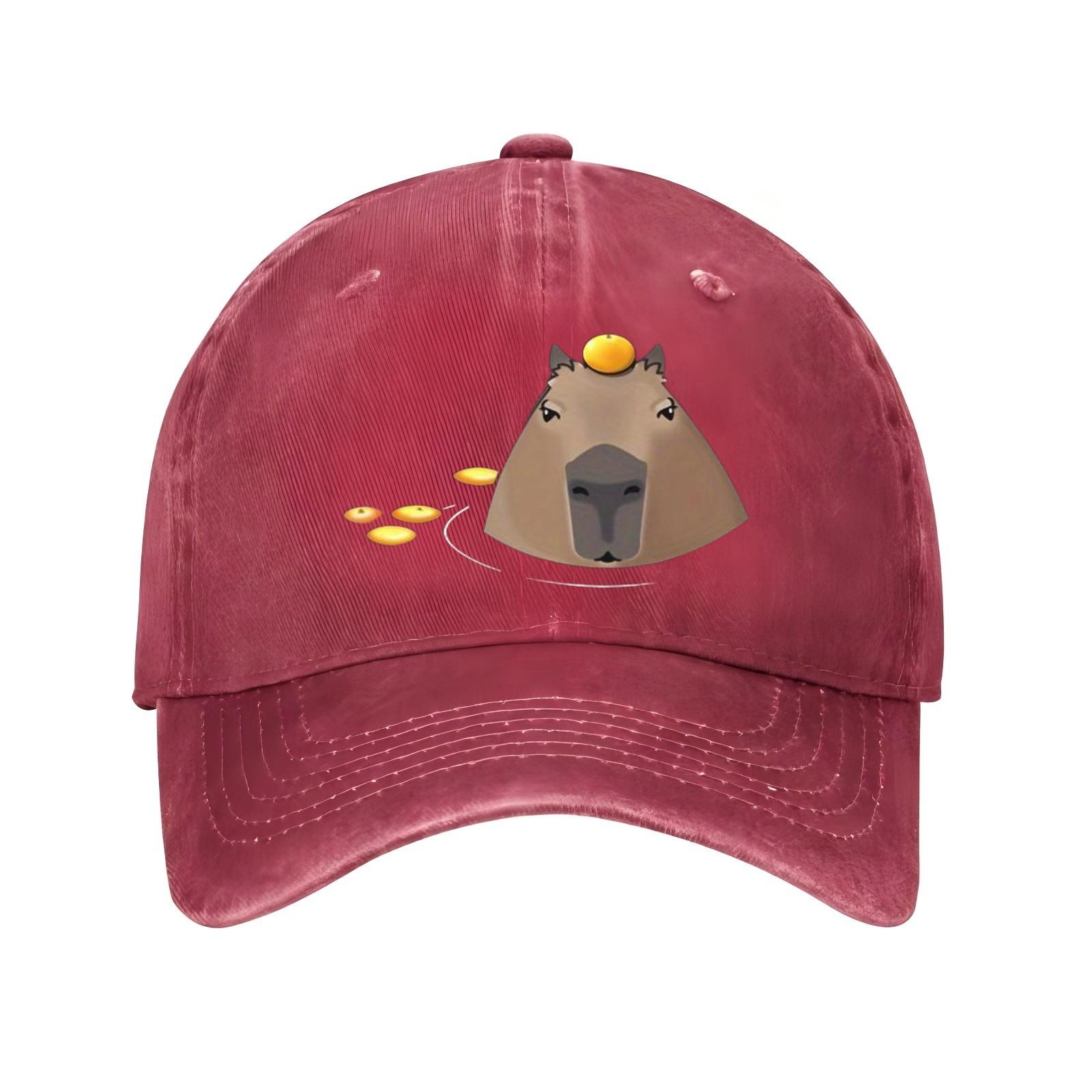 Capybara with Orange Print Baseball Cap Unisex Cotton Adjustable Snapback Cute Animal Face Casual Sun Hat One Size