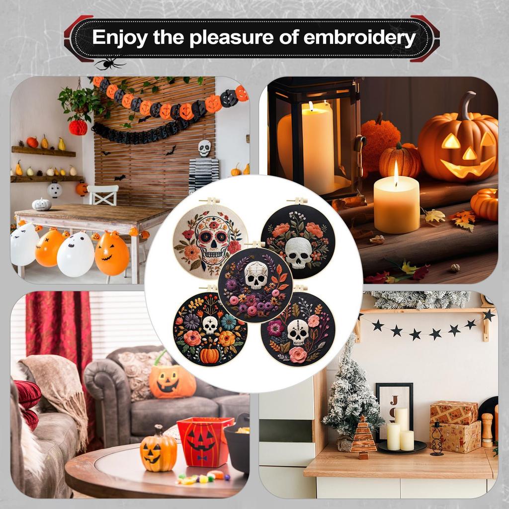 Gothic Embroidery Kit Halloween Skull Embroidery for Beginners Gothic Hoop Threads Scissors Set for Craft Enthusiasts Women